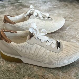 Comfort Knit Women's Sneakers in White with Metallic Bronze Accents
